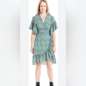 Max Studio Crepe Ruffle Sleeve Floral Green Short Wrap Dress